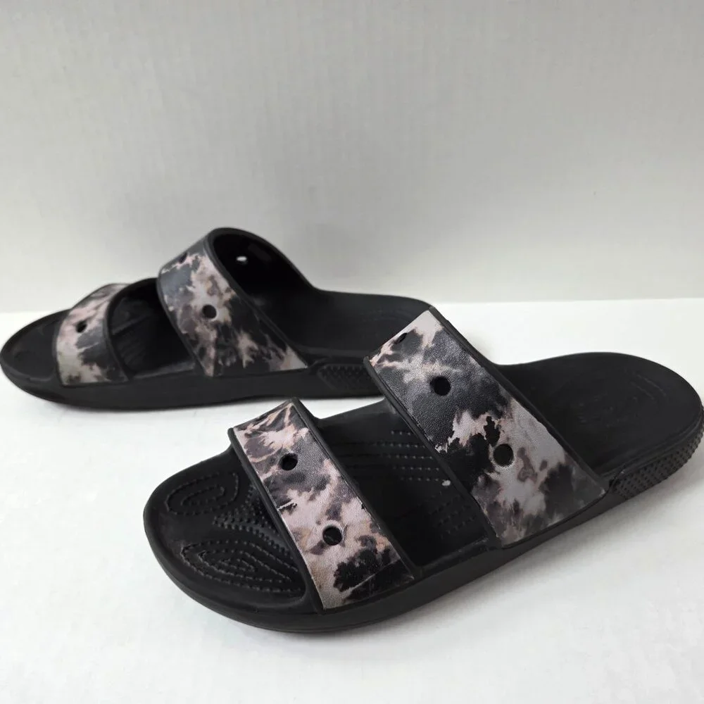 Crocs Shoes Mens 10 Black Tie Dye Double Strap Slides Comfort Beach